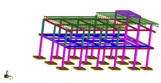 Structural model of a building frame with roof structure