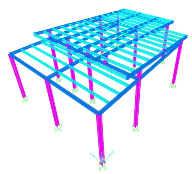 Structural model of a single-storey commercial building with a large canopy