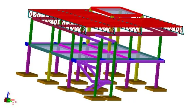 Structural model of a residence with roof truss and footings