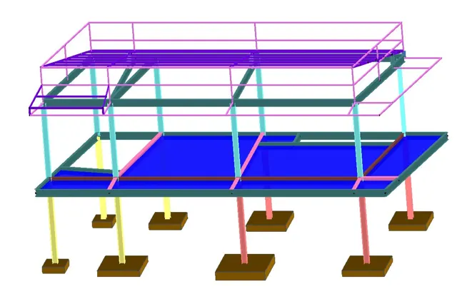 Structural model of a two-storey frame with floor slab and roof deck